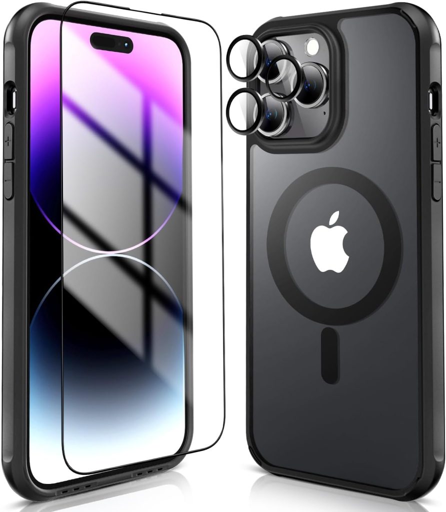 3 in 1 Magnetic iPhone 14 Pro Case Compatible with Mag-safe iPhone 14 pro Case Mag-safe+ Screen Protector + Camera Lens Protector Raised Edges Protect Camera and Screen Black+Clear 6.1 Inch