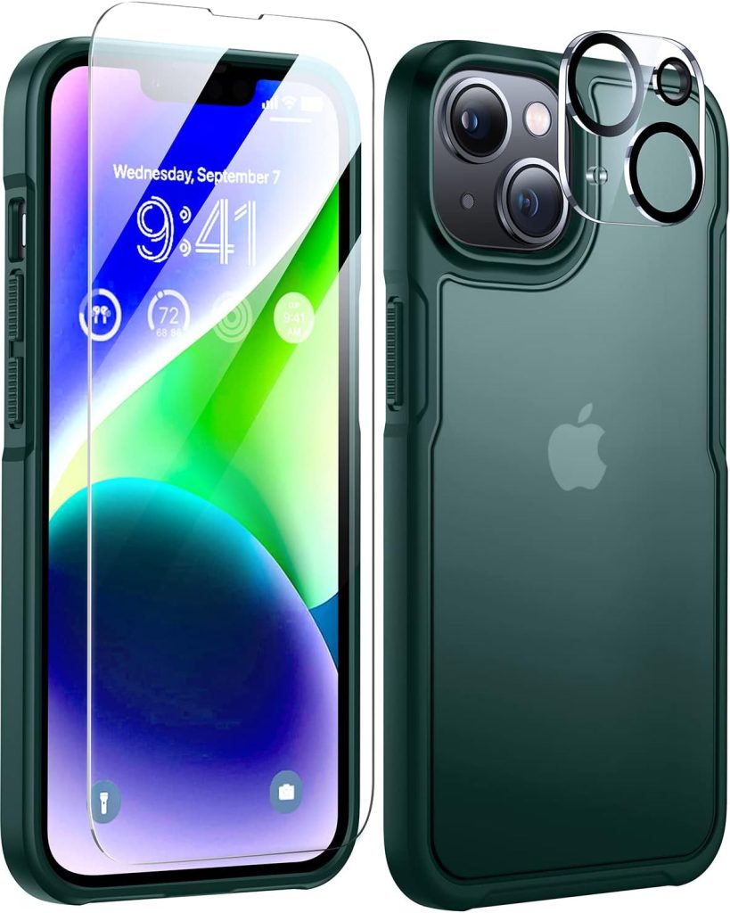 【5-in-1】Humixx Designed for iPhone 14 Case, Full Body Shockproof with 2 Pack Tempered Glass Screen Protector + 2 Pack Camera Protector Slim Protective Case for iPhone 14 Case Cover 6.1'' - Pine Green