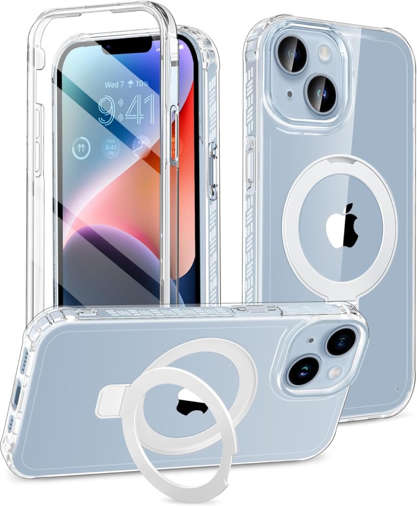 for iPhone 14 Case, Built-in Screen Protector & Seamless Stand, with Camera Lens Protector, Strong Magnetic Clear Phone Case, [Anti-Yellowing] Full Body Protective Cover for 6.1 Inch (Clear)
