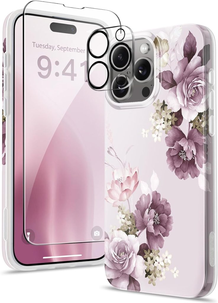 GVIEWIN Floral for iPhone 15 Pro Case with Screen Protector+Camera Lens Protector, [Military Grade Drop Protection]Slim Flower Design TPU Protective Phone Cover for 15 Pro 6.1"(Cherry Blossoms/Purple)