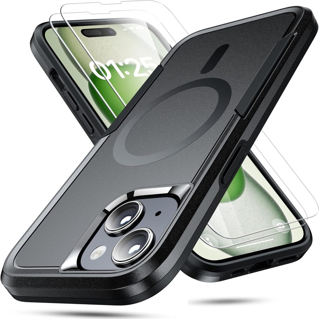 Oterkin Magnetic for iPhone 15 Case Compatible with MagSafe,[Support Magnetic Charging][10FT Military Grade Shockproof] iPhone 15 Phone Case with 2 Tempered Glass Screen Protectors (KTZ-Black)