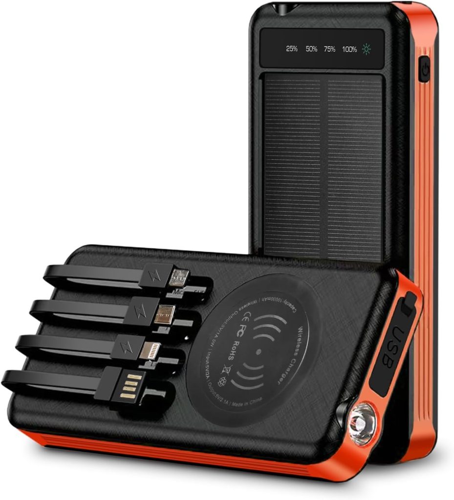 Outdoor Solar Portable Power Bank with Wireless Charging, Built-in Charging Cables, 10000mAh Battery, IP65 Waterproof, Dustproof, Digital Power Indicator, LED Flashlight, High Conversion Efficiency