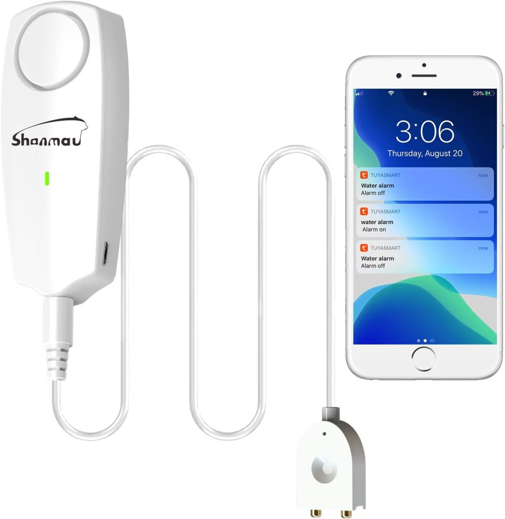 WiFi Water Sensor 100dB Alarm, Smart Water Leak Detector, Tuya APP Free Remote Monitoring of Leakage, 5.9FT Detection Line, Mute / 6 Ringtones Adjustable, Can Open SMS and Phone Notification Function